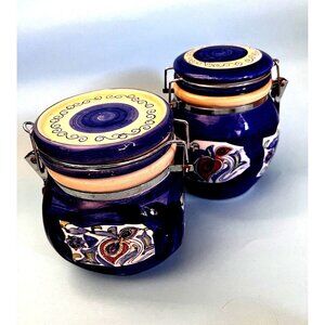 2 Ceramic Canister Jars Blue Floral Hand Painted Lock Lids 5" x 5" Great Cond.